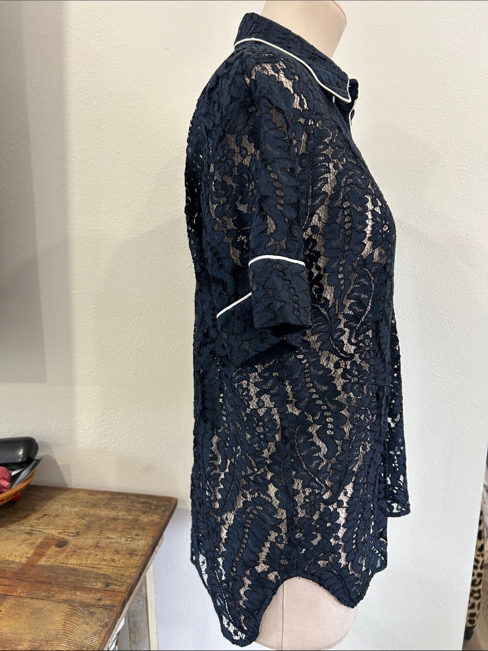 No.21  navy blue lace button down rhinestone anchor shirt size large - Picture 4 of 11